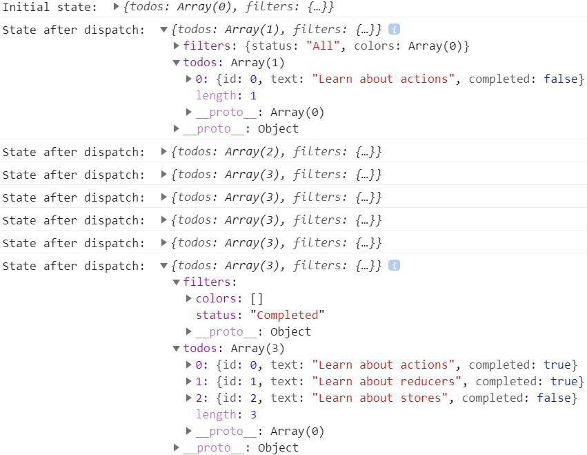 Logged Redux state after dispatching actions